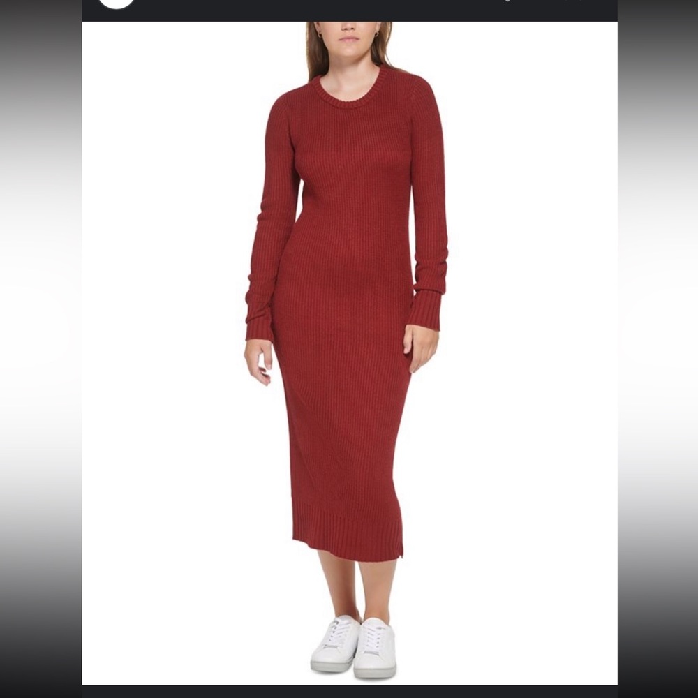Calvin Klein Ribbed Long Sleeve Midi Dress in Rust